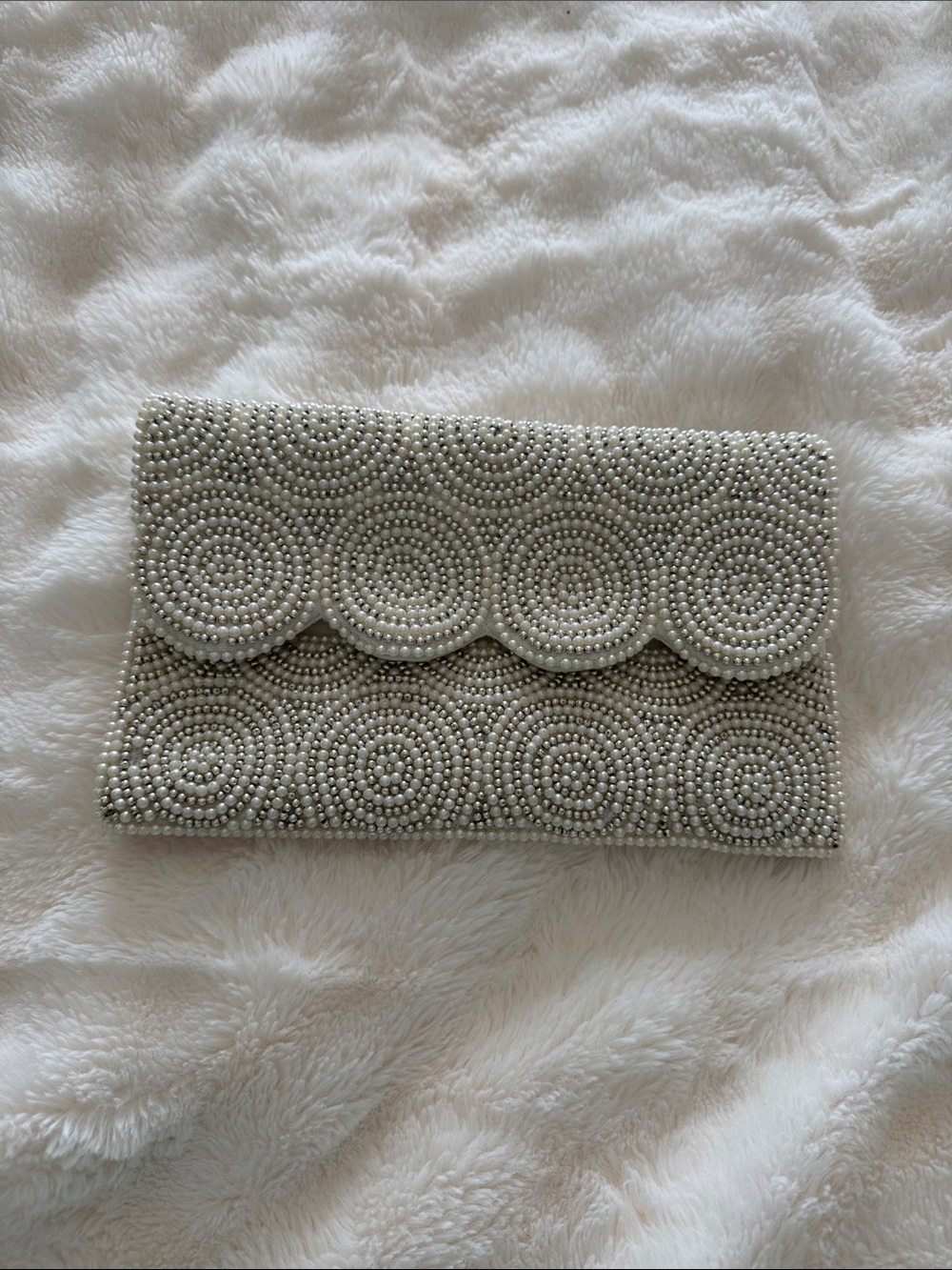 Lulu's Pearl-Embellished Scalloped White Clutch
